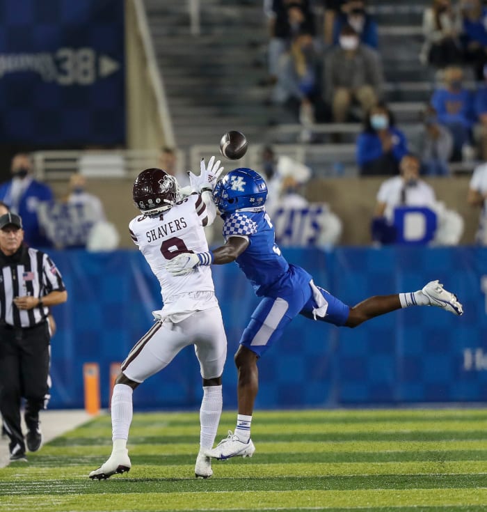 Former Kentucky cornerback Cedrick Dort breaks up a pass against Mississippi State.